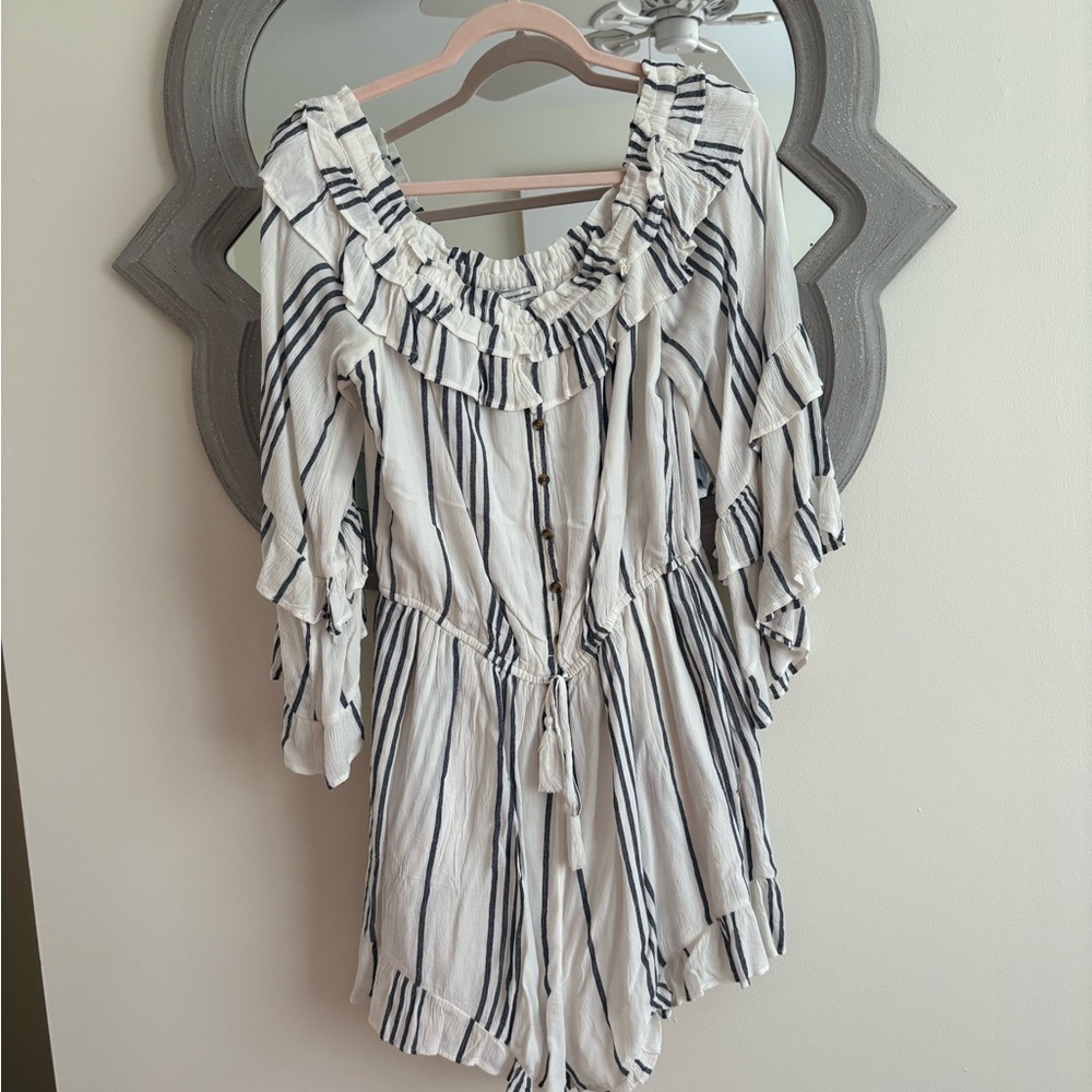 Striped Off-Shoulder Ruffle Romper